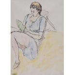 William Conor, RHA RUA - GIRL READING - Pen & Ink Drawing with Watercolour Wash - 9.5 x 6.5 inches -