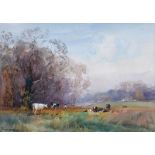 Frank McKelvey, RHA RUA - CATTLE GRAZING NEAR THE RIVER LAGAN - Watercolour Drawing - 10 x 14 inches