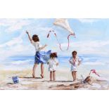 Lorna Millar - FLYING THEIR KITE - Oil on Board - 20 x 30 inches - Signed