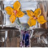 Colin Flack - YELLOW FLOWERS IN A VASE - Oil on Glass - 5.5 x 5.5 inches - Signed