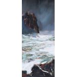 J.P. Rooney - DUNLUCE STORM - Oil on Board - 18 x 8 inches - Signed