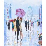 Holly Hanson - THE MEETING, WET DAY BELFAST - Oil on Board - 24 x 20 inches - Signed