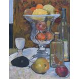 Hilary Bryson - STILL LIFE, LARGE GLASS VASE WITH FRUIT - Oil on Canvas - 18 x 14 inches - Signed