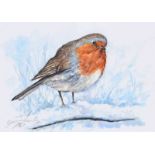 Andy Saunders - ROBIN IN THE SNOW - Watercolour Drawing - 5 x 7 inches - Signed