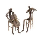 Irish School - TWO SEATED MUSICIANS - Two Cast Bronze Sculptures - 10 x 3 inches - Unsigned