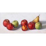 Terese McAllister - STILL LIFE WITH APPLES - Oil on Canvas - 9.5 x 20 inches - Signed