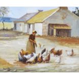 Liam Kelly - FEEDING CHICKENS IN THE FARM YARD - Oil on Board - 20 x 24 inches - Signed