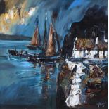 J.P. Rooney - DUSK AT FISHERMEN'S COTTAGES - Oil on Board - 20 x 20 inches - Signed