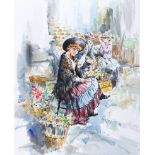 Gordon King - THE FLOWER SELLERS - Watercolour Drawing - 19 x 15 inches - Signed