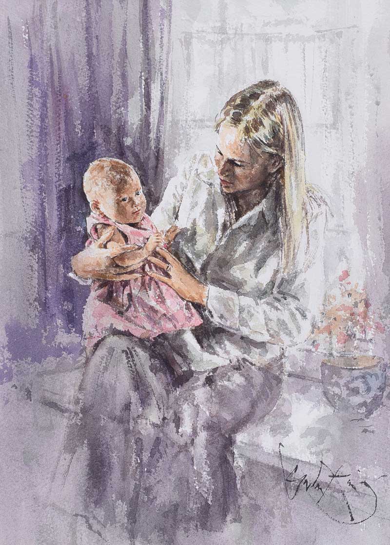 Gordon King - MOTHER & CHILD - Watercolour Drawing - 14 x 10 inches - Signed