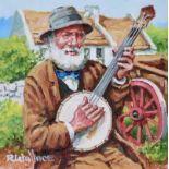 Roy Wallace - THE BANJO PLAYER - Oil on Board - 8 x 8 inches - Signed