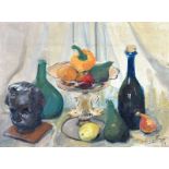 Hilary Bryson - STILL LIFE, BOTTLES & YELLOW PEPPER - Oil on Canvas - 12 x 16 inches - Signed