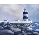 Hand - LIGHTHOUSE BY THE ROCKS - Oil on Board - 14 x 18 inches - Signed