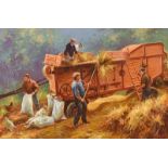 Donal McNaughton - THRASHING THE HAY - Oil on Board - 20 x 30 inches - Signed