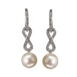 18CT WHITE GOLD CULTURED PEARL AND DIAMOND EARRINGS