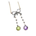 VICTORIAN 9CT GOLD AMETHYST, PERIDOT AND SEED PEARL NECKLACE