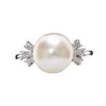 18CT WHITE GOLD CULTURED PEARL AND DIAMOND RING