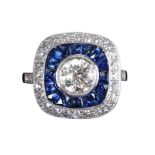 18CT WHITE GOLD SAPPHIRE AND DIAMOND TARGET RING