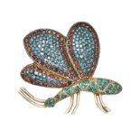 SILVER GILT BLUE DIAMOND, BROWN DIAMOND AND EMERALD SET BUG BROOCH