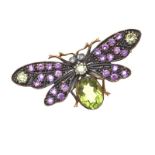 SILVER GILT BUTTERFLY BROOCH SET WITH AMETHYST AND PERIDOT