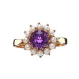 9CT GOLD AMETHYST AND SEED PEARL RING