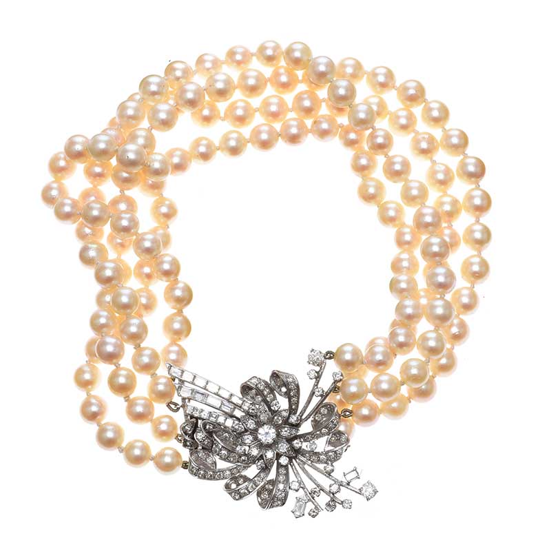 FOUR STRAND PEARL CHOKER WITH 18CT WHITE GOLD DIAMOND-SET CLASP