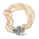 FOUR STRAND PEARL CHOKER WITH 18CT WHITE GOLD DIAMOND-SET CLASP