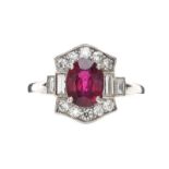 ART DECO 18CT WHITE GOLD RUBY AND DIAMOND CLUSTER RING