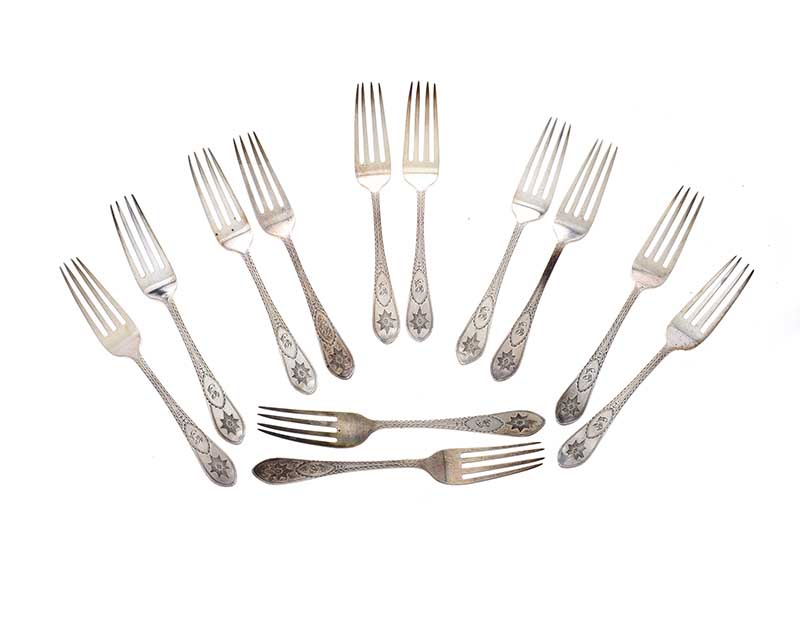 SET OF TWELVE SILVER DESSERT FORKS