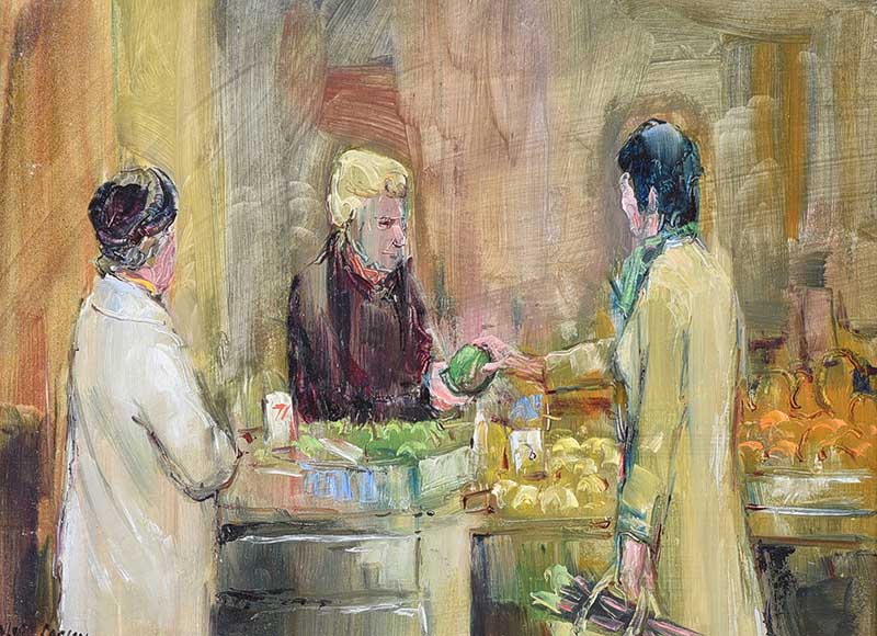 Robert Taylor Carson, RUA - THE FRUIT STALL - Oil on Board - 12 x 16 inches - Signed