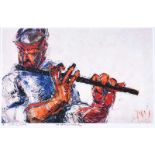 J.B. Vallely - THE LEFT HANDED FLUTE PLAYER - Limited Edition Coloured Print (8/50) - 13 x 20 inches