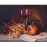 Lorraine Christie - STILL LIFE, WINE GLASS & FRUIT - Oil on Board - 11 x 14 inches - Signed
