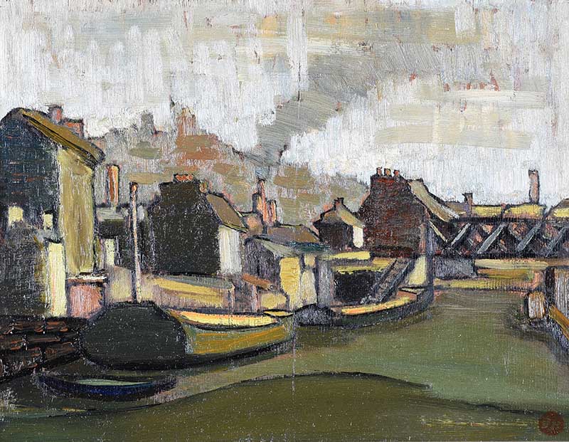 Derek Hill, HRHA - BARGES ON THE CANAL - Oil on Board - 10 x 14 inches - Signed in Monogram