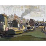 Derek Hill, HRHA - BARGES ON THE CANAL - Oil on Board - 10 x 14 inches - Signed in Monogram