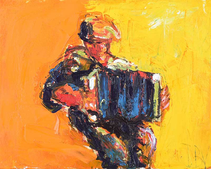 J.B. Vallely - THE ACCORDION PLAYER - Oil on Canvas - 16 x 20 inches - Signed in Monogram