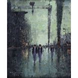Colin H. Davidson - NIGHTSHIFT YARDMEN AT HARLAND & WOLFF - Oil on Board - 12 x 10 inches - Signed