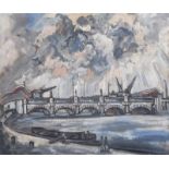 Markey Robinson - QUEENS BRIDGE, BELFAST - Gouache on Board - 22 x 25 inches - Signed
