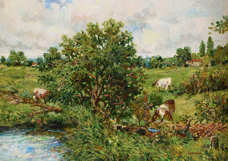 Jack Cudworth - COWS BY A RIVER - Oil on Board - 10 x 14 inches - Signed