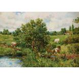 Jack Cudworth - COWS BY A RIVER - Oil on Board - 10 x 14 inches - Signed