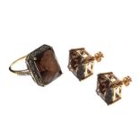 9CT GOLD RING AND EARRINGS SET WITH SMOKY QUARTZ