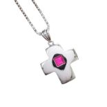 18CT WHITE GOLD RUBY CROSS AND CHAIN