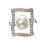 MIKIMOTO 18CT WHITE GOLD CULTURED PEARL AND DIAMOND RING