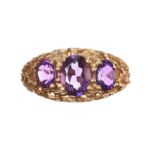 9CT GOLD THREE STONE AMETHYST