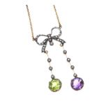 9CT GOLD AMETHYST, PERIDOT AND SEED PEARL NECKLACE IN THE VICTORIAN STYLE
