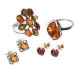 SELECTION OF STERLING SILVER AMBER-SET JEWELLERY