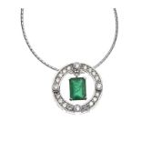 18CT WHITE GOLD EMERALD AND DIAMOND PENDANT AND CHAIN