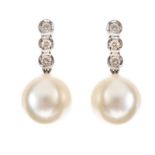 18CT WHITE GOLD CULTURED PEARL AND DIAMOND EARRINGS