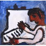 Rachel Grainger Hunt - PLAYING THE PIANO - Acrylic on Board - 11 x 11 inches - Signed in Monogram