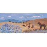 Hilary Bryson - HORSES IN A NEW ZEALAND LANDSCAPE - Watercolour Drawing - 6.5 x 15 inches - Signed