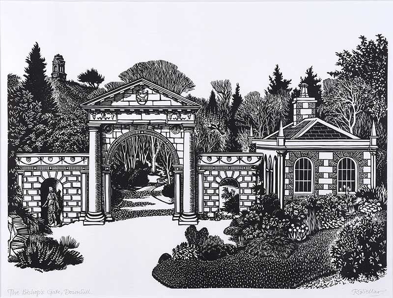 Robert G. Sellar - THE BISHOP'S GATE, DOWNHILL - Black & White Woodblock Print - 14 x 18 inches -